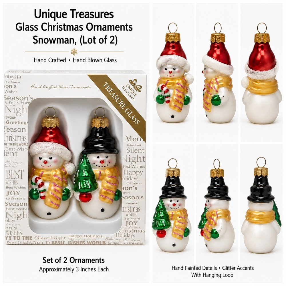 Unique Treasures Glass Christmas Ornaments Snowman Set of 2 Hand Blown 3 Inch
